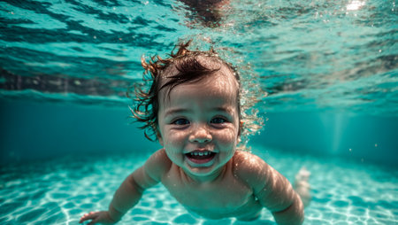 Little child swims underwater in the poolの素材