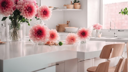 A beautiful bouquet of flowers stands on the table against the background of the kitchenの素材