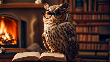 Cute cartoon owl with a bookの素材