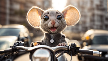 Cute cartoon mouse on a motorcycleの素材