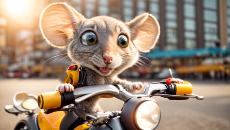 Cute cartoon mouse on a motorcycleの素材