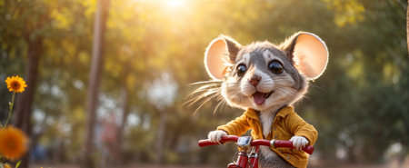 Cute cartoon mouse on a bicycleの素材