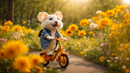 Cute cartoon mouse on a bicycleの素材