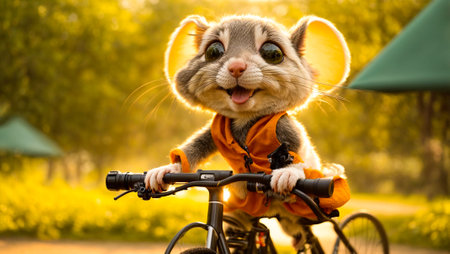 Cute cartoon mouse on a bicycleの素材