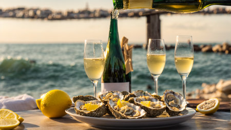 Fresh oysters with ice and lemon on a plate, glasses of champagne on a background of the seaの素材