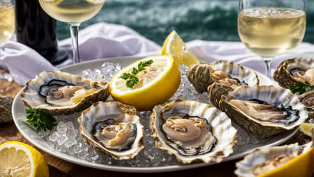 Fresh oysters with ice and lemon on a plate, glasses of champagne on a background of the seaの素材