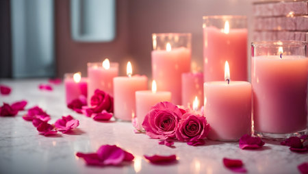 Candles and roses on the background of the bathroomの素材
