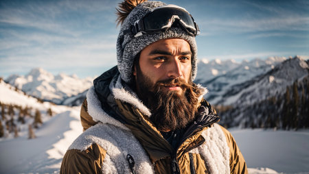 Portrait of a man in ski clothes against a background of mountains, snowの素材