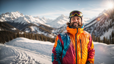 Portrait of a man in ski clothes against a background of mountains, snowの素材
