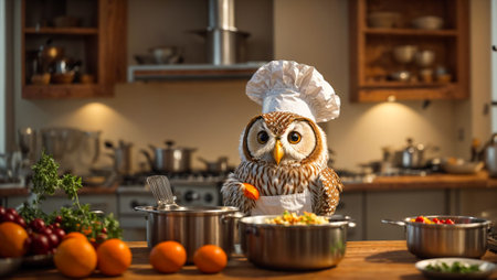 Cute cartoon owl cooking in the kitchenの素材