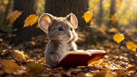 Cute cartoon mouse reading a book in the autumn parkの素材