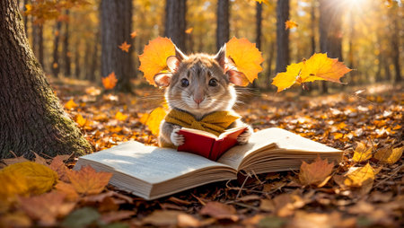 Cute cartoon mouse reading a book in the autumn parkの素材