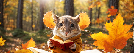 Cute cartoon mouse reading a book in the autumn parkの素材