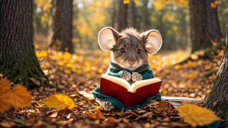 Cute cartoon mouse reading a book in the autumn parkの素材