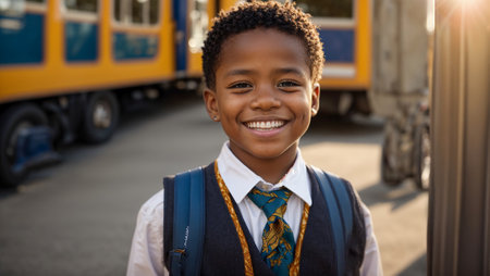 Portrait of an African American schoolboy boy with a bus in the backgroundの素材