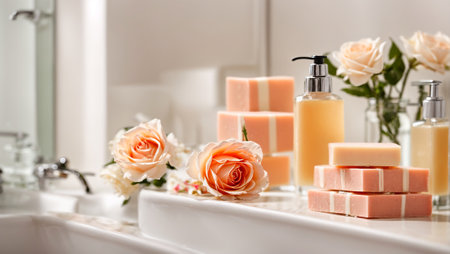 Cosmetic soap, rose flower in the bathroomの素材