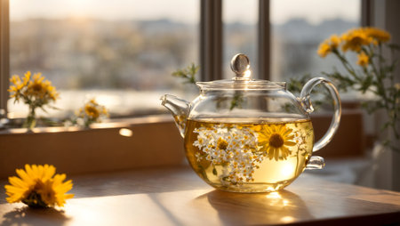 Fresh tea in a glass teapot, chamomile flowerの素材