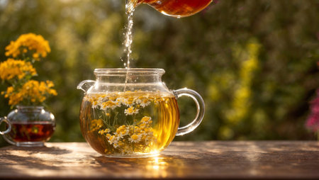 Fresh tea in a glass teapot, chamomile flowerの素材