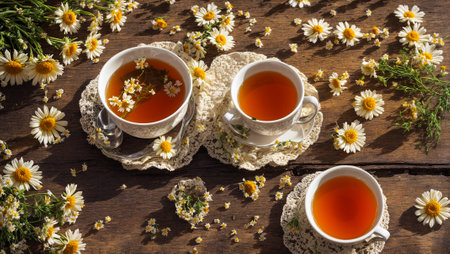 Fresh tea in cups, chamomile flowerの素材