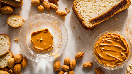 Peanut butter with bread on the tableの素材