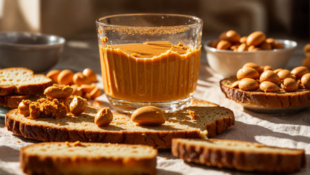 Peanut butter with bread on the tableの素材