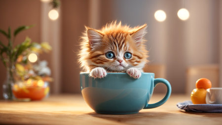 Cute kitten in a cupの素材
