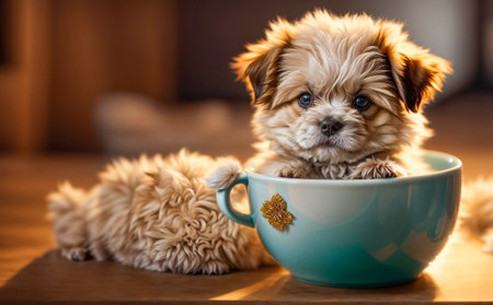 Cute puppy with a cupの素材