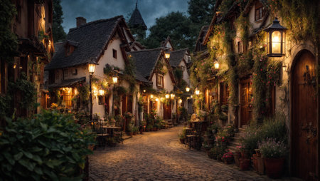 Cute village street, houses, flowers, summerの素材