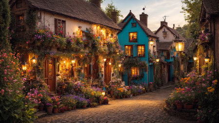 Cute village street, houses, flowers, summerの素材