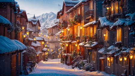 Cute village street, houses, winter, snowの素材