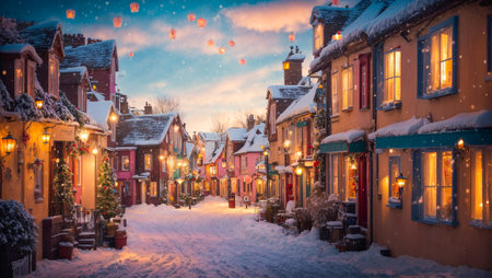 Cute village street, houses, winter, snowの素材