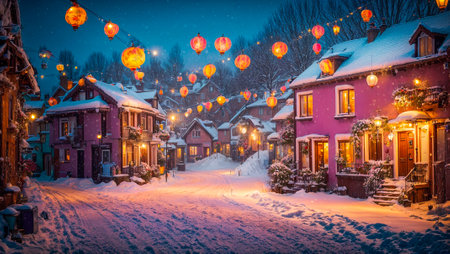 Cute village street, houses, winter, snowの素材