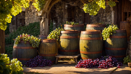 barrels of wine, fresh grapes, wineryの素材