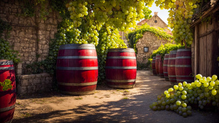 barrels of wine, fresh grapes, wineryの素材
