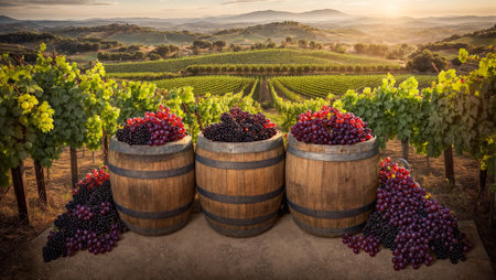 barrels of wine, fresh grapes, against the backdrop of the vineyardの素材