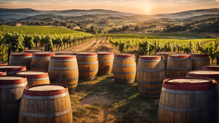 barrels of wine, fresh grapes, against the backdrop of the vineyardの素材