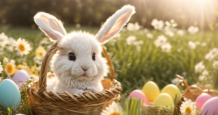 Cute rabbit on the lawn with flowersの素材