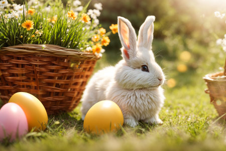 Cute rabbit on the lawn with flowersの素材