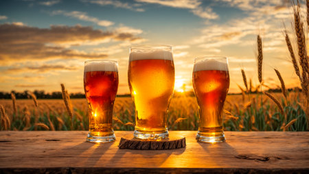 Glasses of beer against the backdrop of a field of barleyの素材