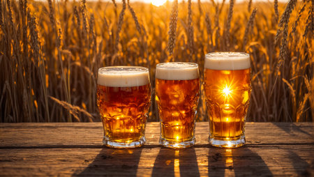 Glasses of beer against the backdrop of a field of barleyの素材