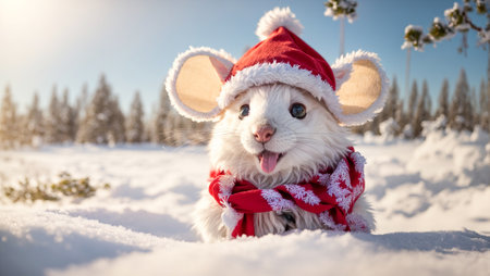 Cute cartoon mouse wearing a Santa hat on a background of snowの素材