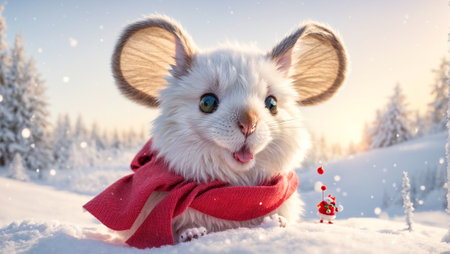 Cute cartoon mouse wearing a Santa hat on a background of snowの素材