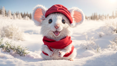 Cute cartoon mouse wearing a Santa hat on a background of snowの素材