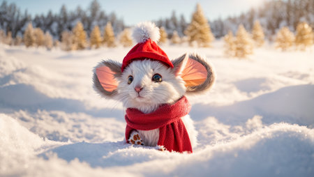 Cute cartoon mouse wearing a Santa hat on a background of snowの素材