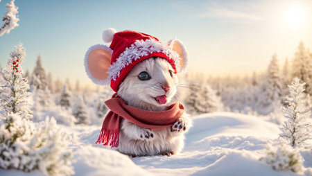 Cute cartoon mouse wearing a Santa hat on a background of snowの素材