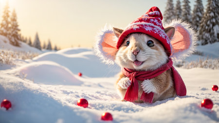Cute cartoon mouse wearing a Santa hat on a background of snowの素材
