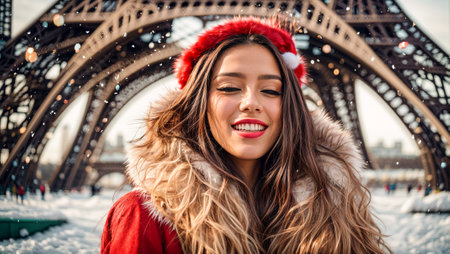 Portrait of a beautiful girl in a Santa hat against the backdrop of the Eiffel Towerの素材