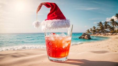 Cocktail in a glass, Santa's hat, sea beachの素材