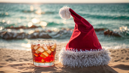 Cocktail in a glass, Santa's hat, sea beachの素材
