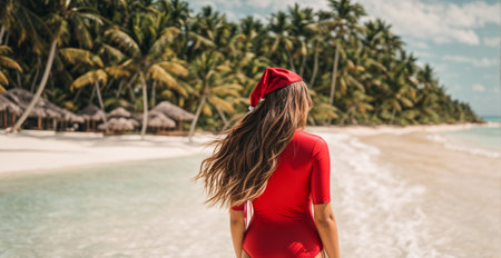 Beautiful Girl with long hair in a Santa hat against the background of the seaの素材